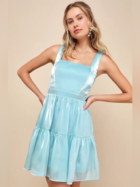 Lulus Dresses & Skirts - Lulus Thriving Darling Tiered Mini Dress Mermaidcore‎ Sleeveless Shiny Teal L